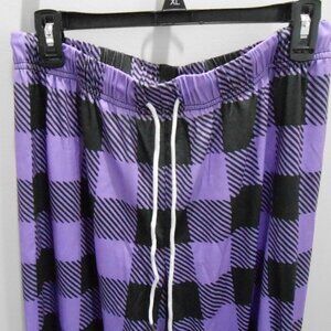 Women's Purple & Black Plaid Baggy Loungers PJ Pants Elastic Drawstring Waist-Lg